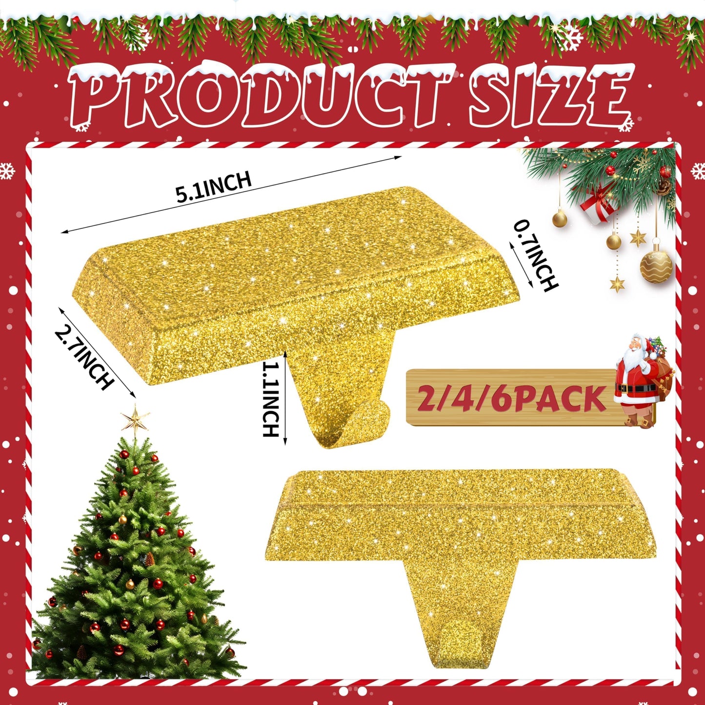 OCTERIC 4 Pack Shiny Glitter Christmas Stocking Holders, Heavy Duty Mantel Hangers Fireplace Hooks Grip Bases for Tables Window Decor Xmas Holiday Party Indoor Decoration (Gold)