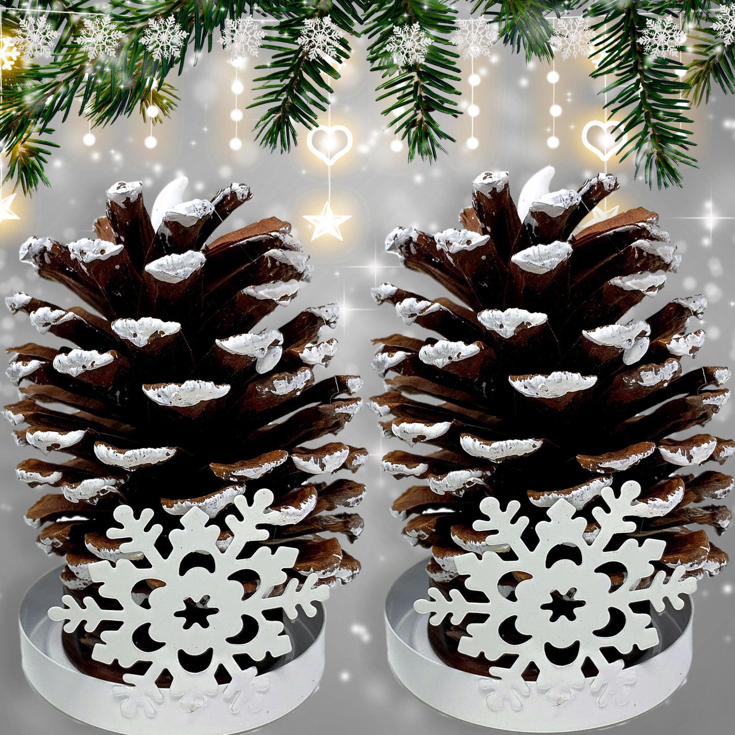 LIghted Pine Cones in Metal Snowflake Holders Christmas Decor - Set of 2 - Real Pinecones with White Snowflake Holders - Flameless LED Candles Brushed with Snow - Measures 5 1/2"H X 3"W