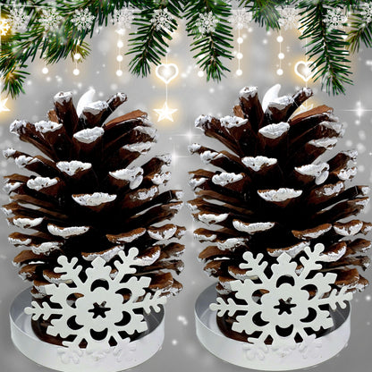 LIghted Pine Cones in Metal Snowflake Holders Christmas Decor - Set of 2 - Real Pinecones with White Snowflake Holders - Flameless LED Candles Brushed with Snow - Measures 5 1/2"H X 3"W