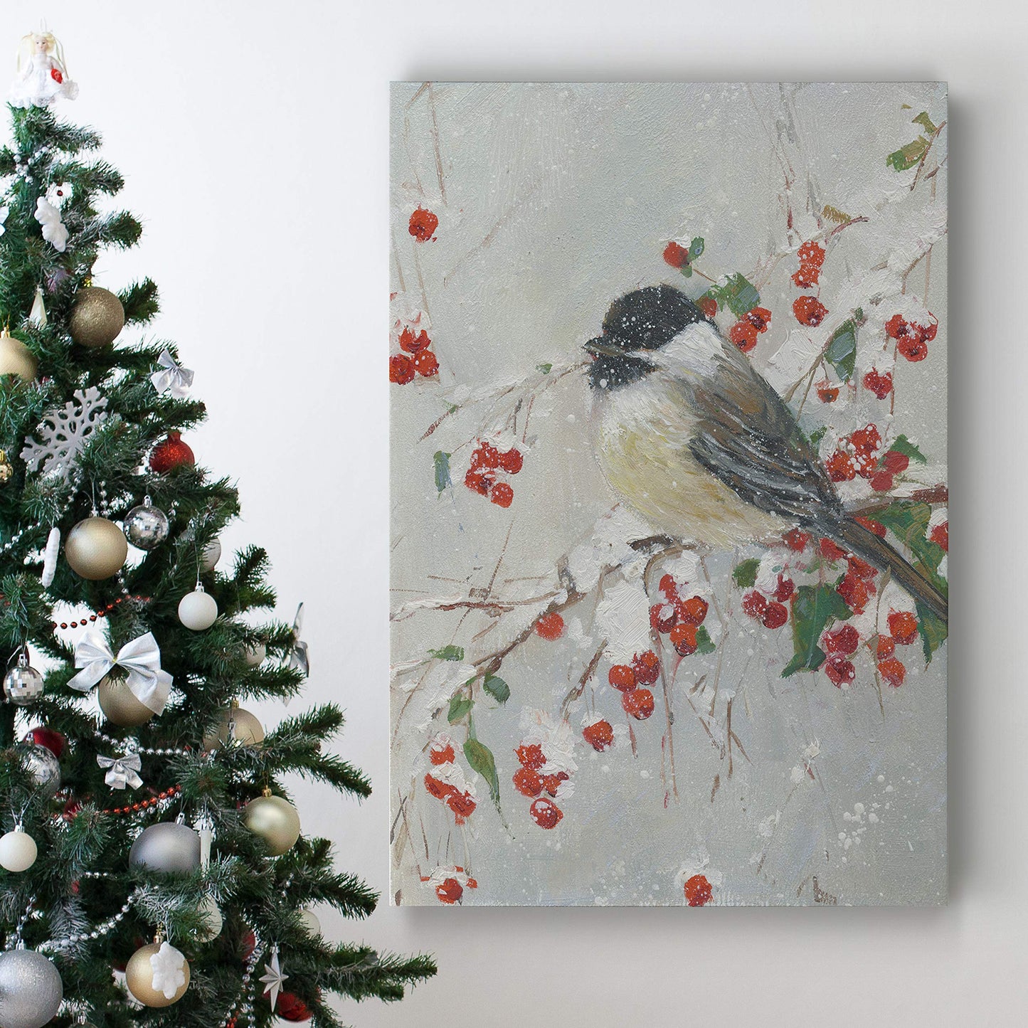 Renditions Gallery Animals Wall Art Paintings & Prints Holly Berries and Chickadee Christmsa Bird Abstract Art Wall Prints for Bedroom Dining Living Room Office Home Kitchen Wall Decor - 32"X48" LT18