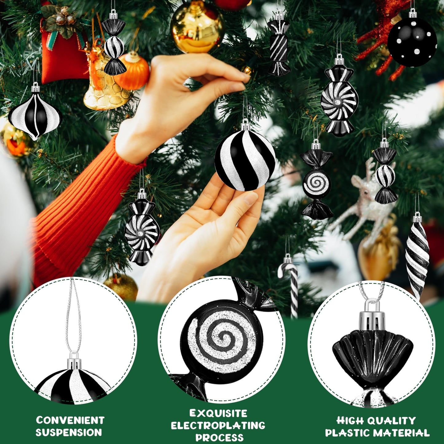 Candy Christmas Ornaments Set, Candy Cane Ornaments for Christmas Tree, Black Christmas Tree Decor 48pcs