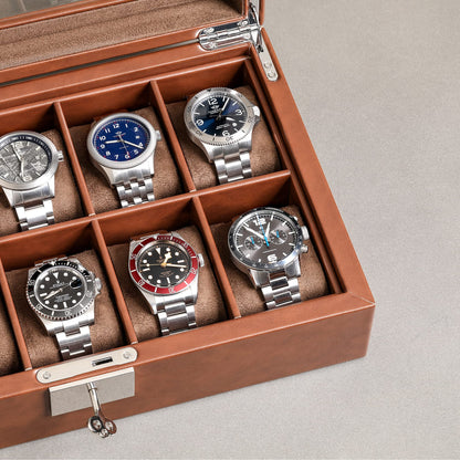 ROTHWELL 10 Slot Leather Watch Box - Luxury Case Display Jewelry Organizer - Locking Watch Display Case Holder with Large Glass Top - Box Organizer for Men and Women (Tan/Brown)