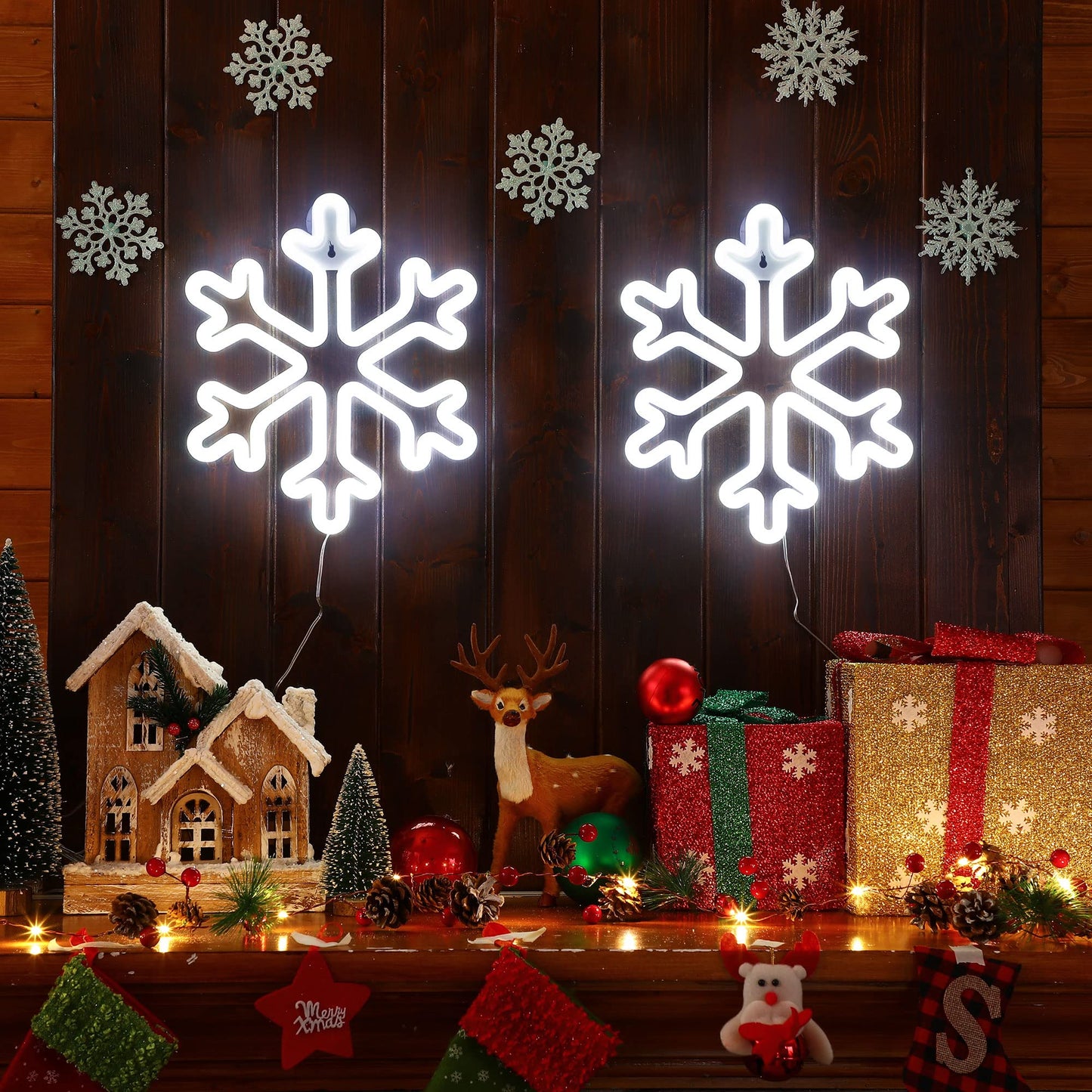 Enhon Christmas Neon Snowflake Light, 12 Inch Giant Snowflake Lights, Battery and USB Powered Christmas Curtain Neon Sign with Timer for Xmas Party Decoration(Cool White,2 Pack)
