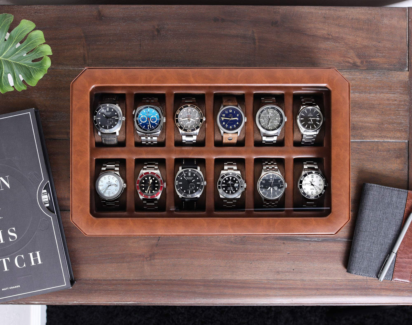 ROTHWELL 12 Slot Leather Watch Box - Luxury Watch Case Display Organizer, Microsuede Liner, Locking Mens Jewelry Watches Holder, Men's Storage Boxes Holder Large Glass Top (Tan/Brown)