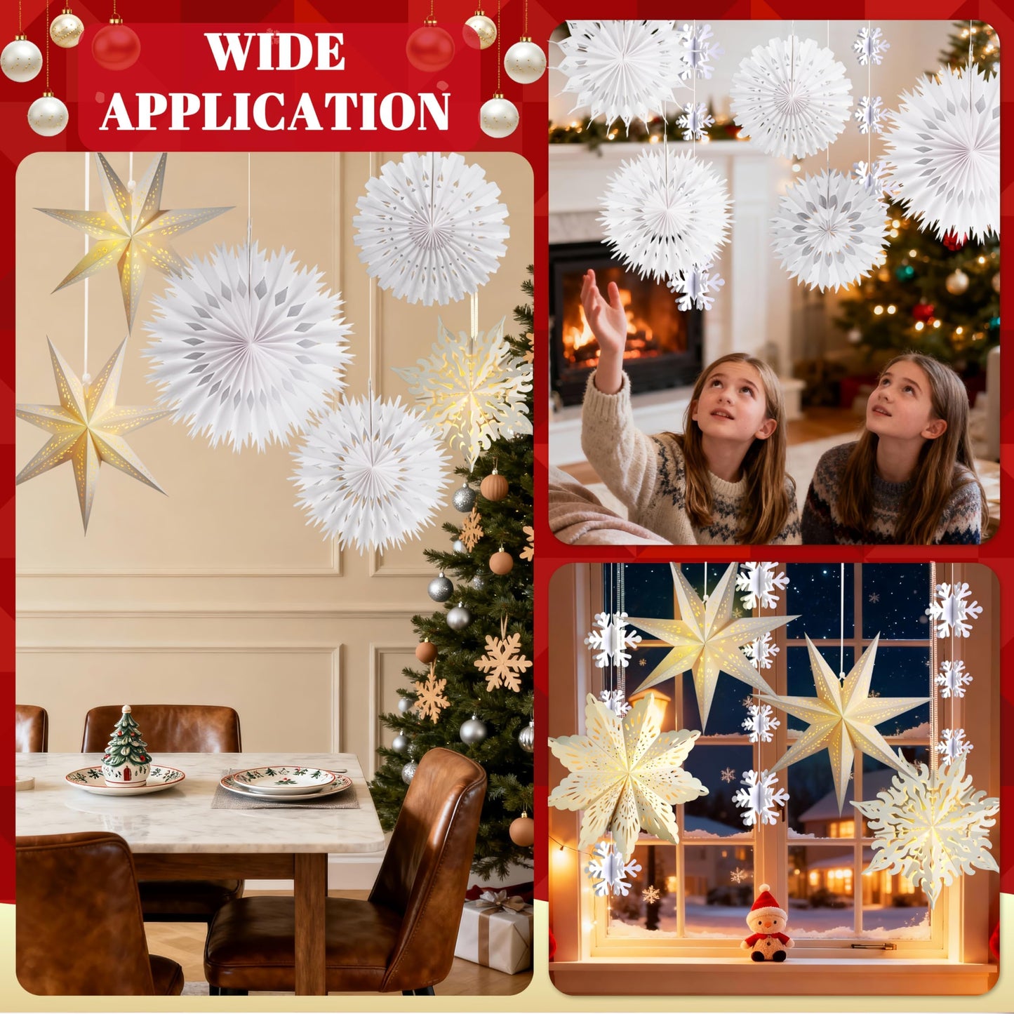 Winter Wonderland Snowflake Party Decorations, Christmas Hanging Decor, White Paper Star Snowflake Lanterns with Lights Paper Fans Garlands Set for Christmas Frozen Winter Birthday Wedding Party Decor