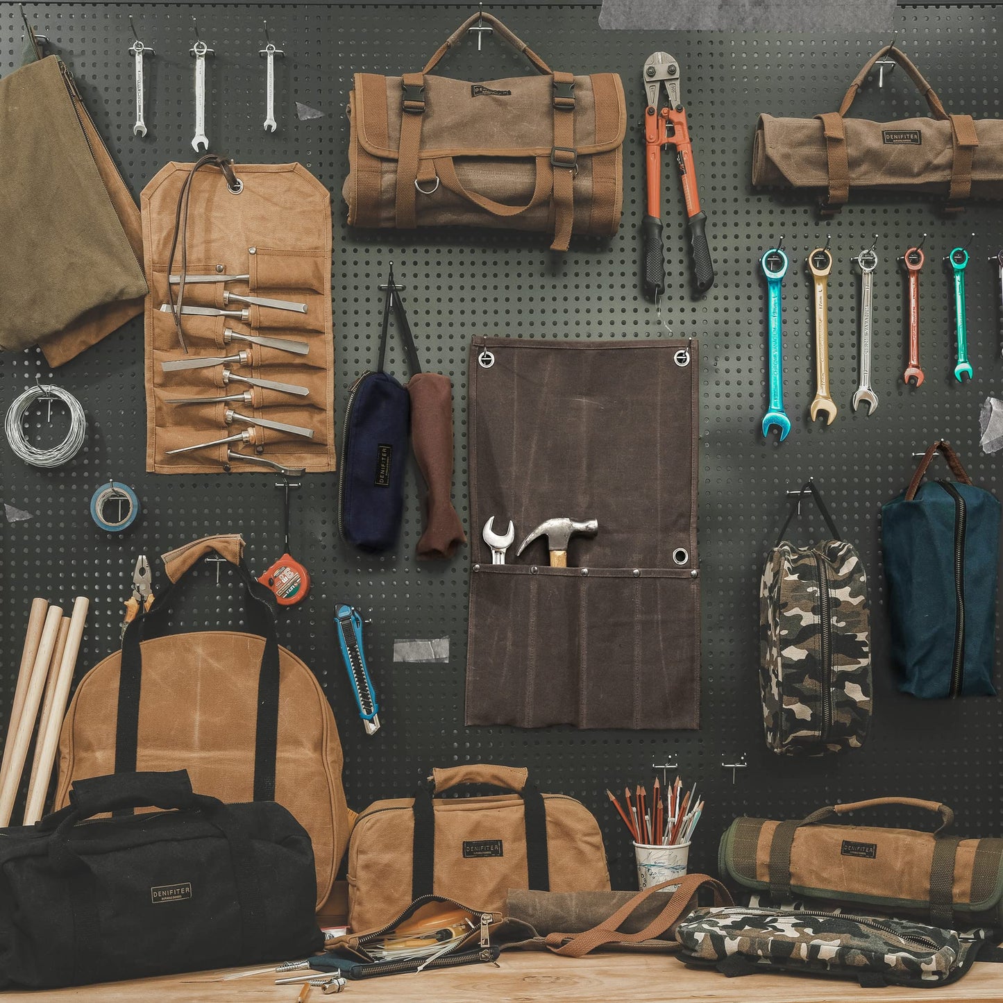 Tool Roll, Heavy Duty Waxed Canvas Small Tool Bag Tool Pouch for Chisels, Hammers, Gouges Palm Tools (Khaki)