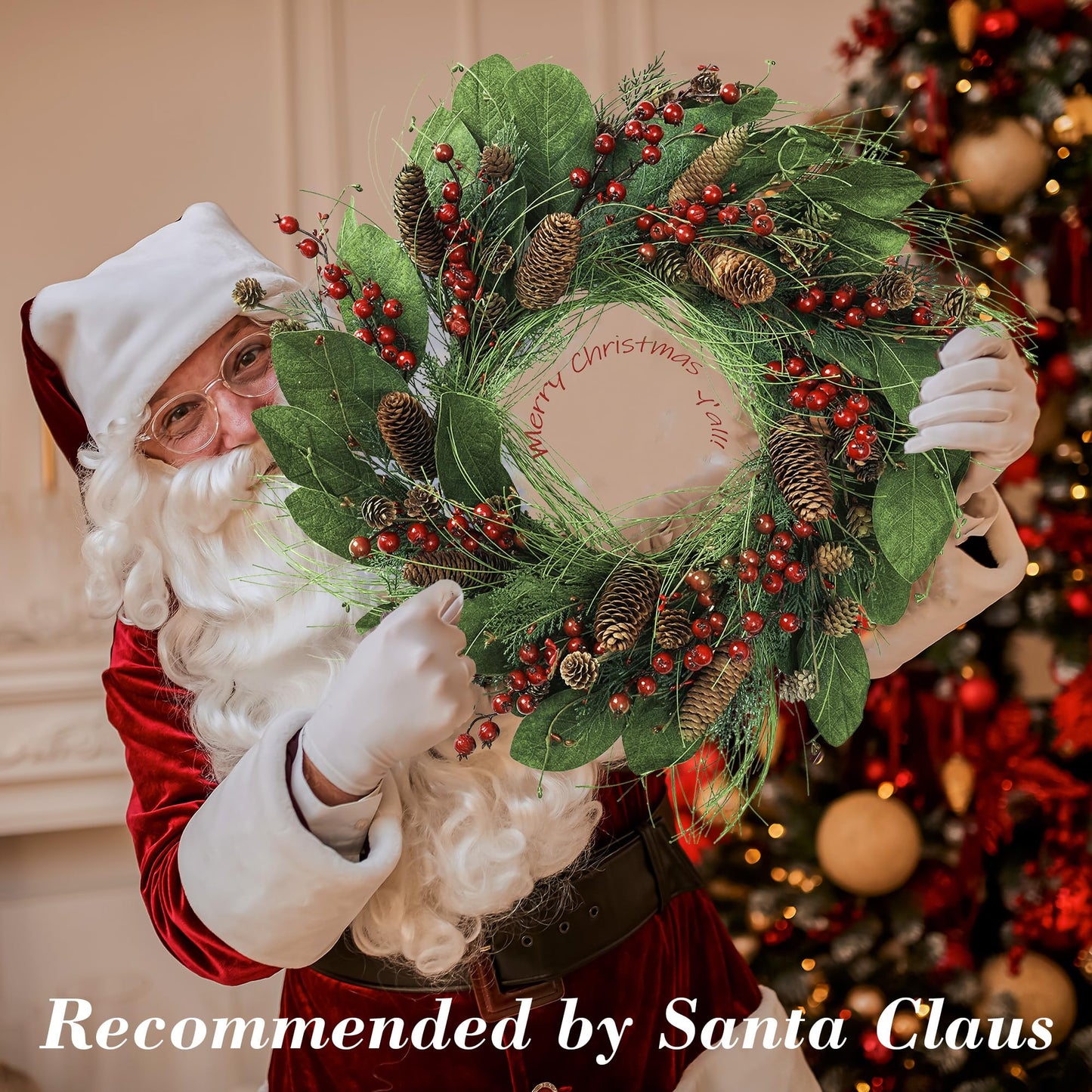 YNYLCHMX 20 Inch Winter Wreath for Front Door, Winter Wreaths with Magnolia Leaves Red Berries Pine Cones, Artificial Door Wreaths for Outdoor Indoor Farmhouse Windows Wall Holiday