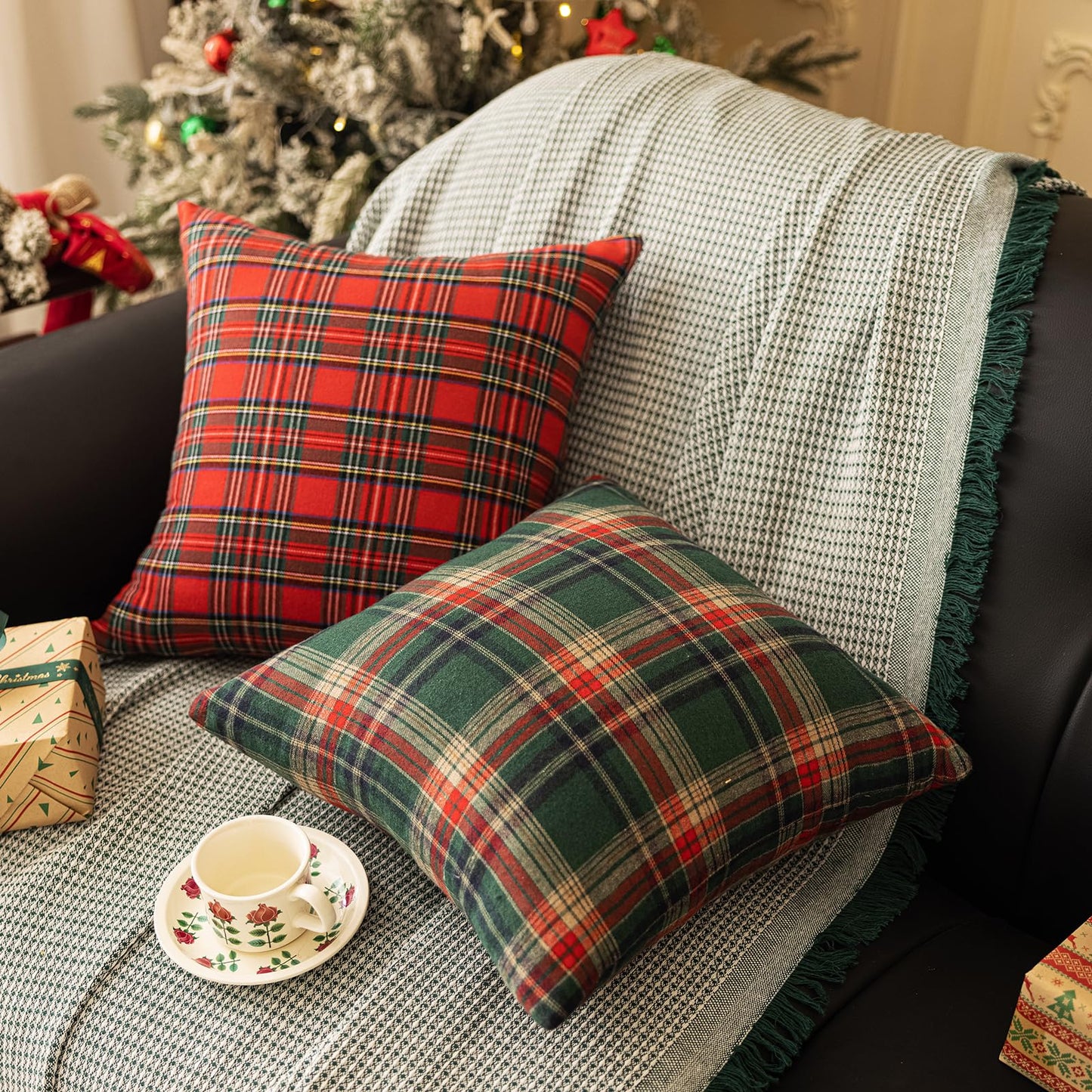 vctops Christmas Green Plaid Throw Pillow Covers 18x18 Inch Farmhouse Scottish Tartan Decorative Square Cushion Cases for Holiday Home Decor Sofa Couch (Green,18"x18")