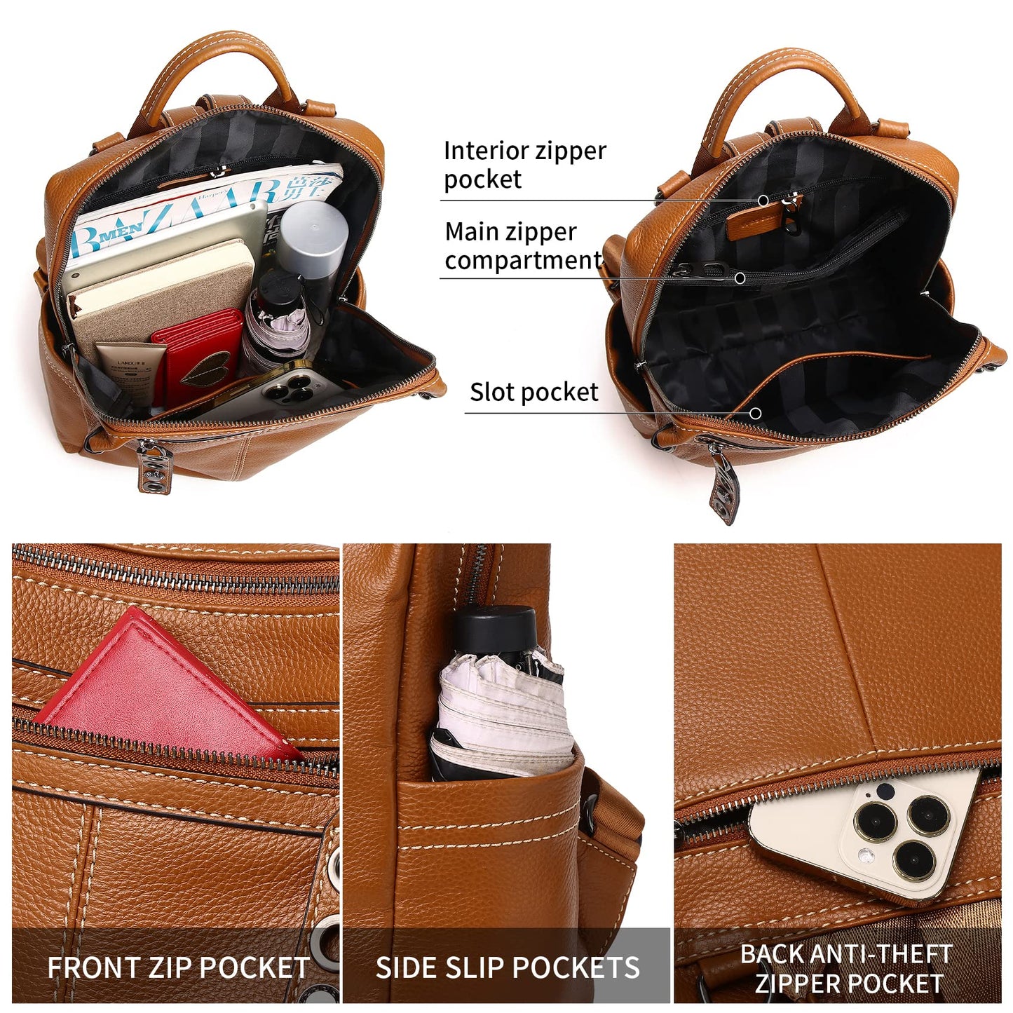 Wesccimo Genuine Leather Backpack Purse For Women Real Soft Leather Travel Fashion Designer Convertible Ladies Shoulder Bag