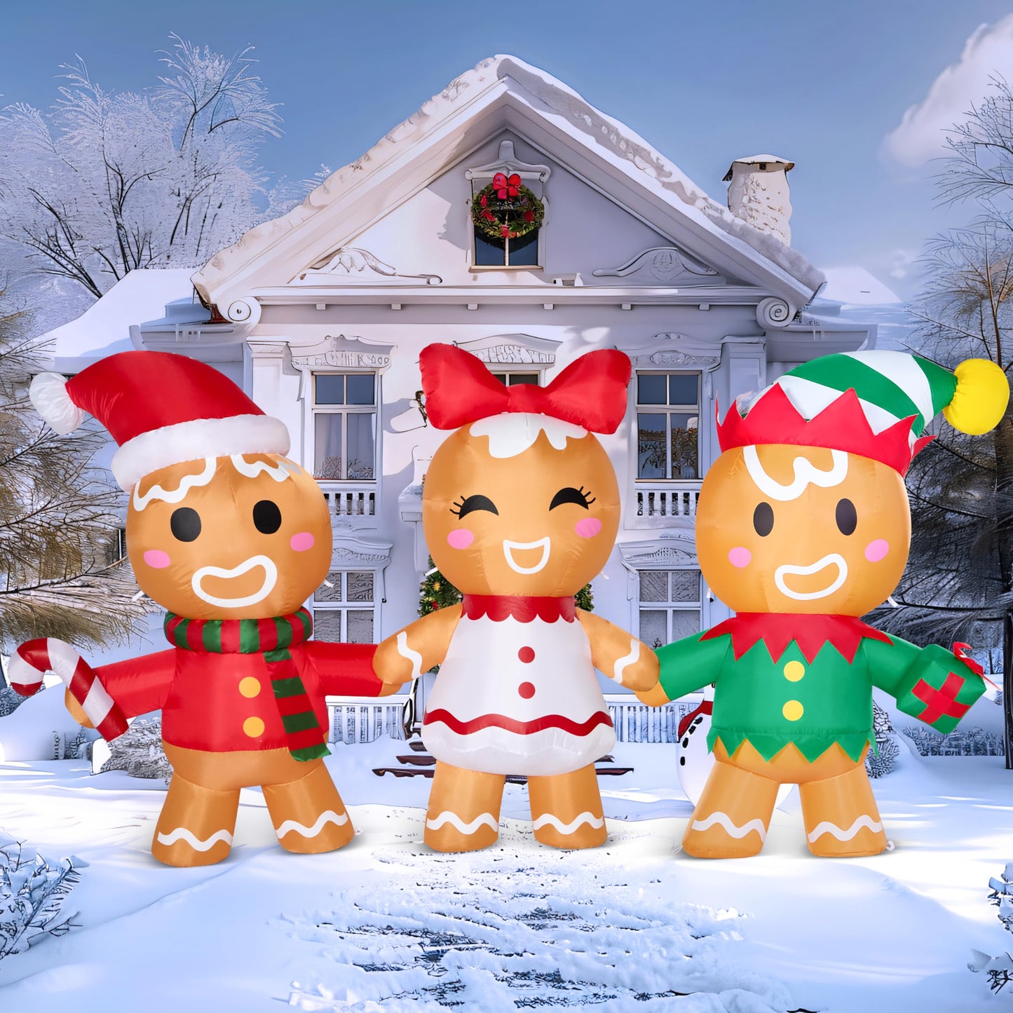 Joiedomi 8 FT Long Christmas Inflatable Gingerbread Decoration, Christmas Blow Ups Three Gingerbread Men Yard Decoration with LEDs, Cute Xmas Gingerbread Inflatable for Outdoor Yard Garden Lawn Decor