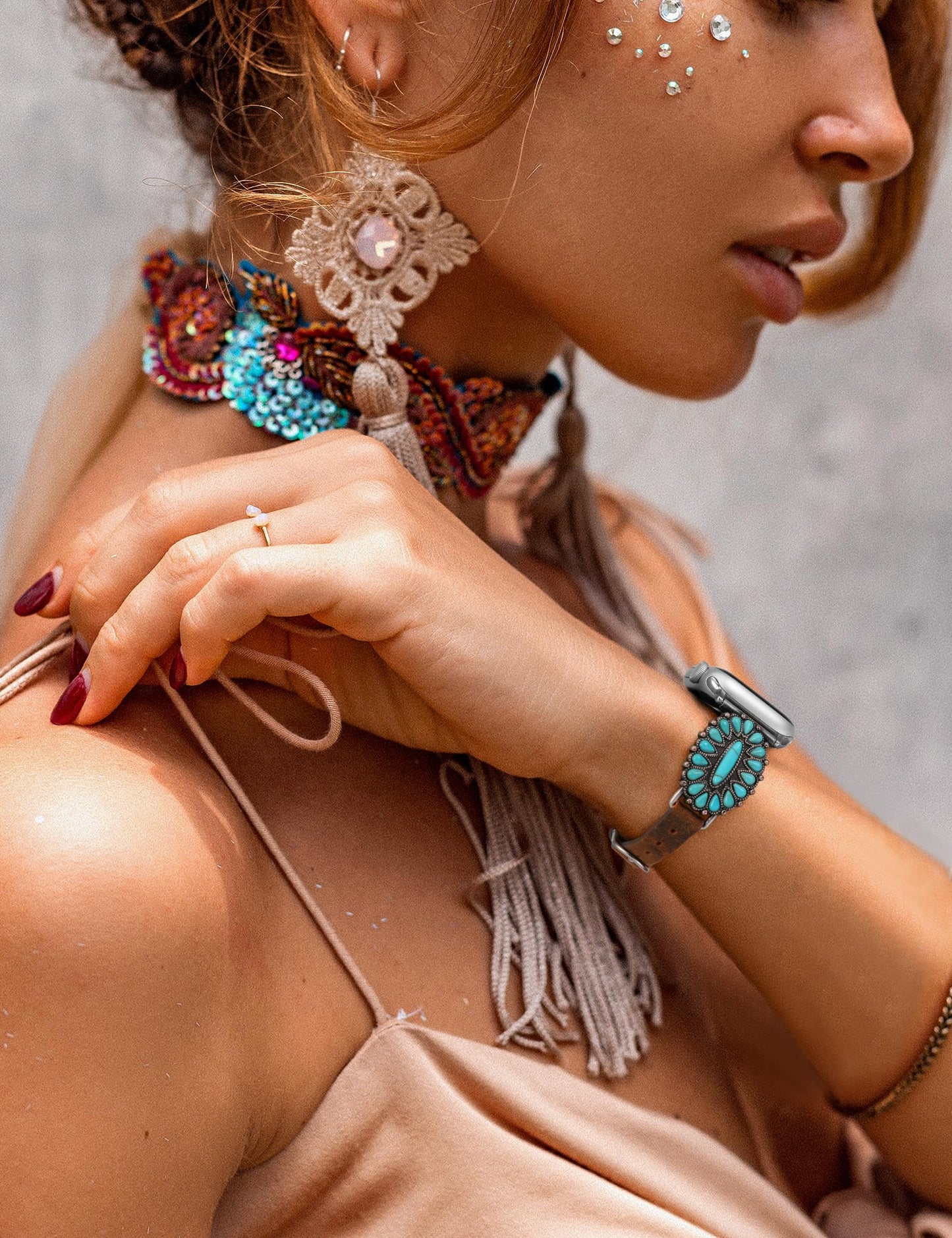 Minyee Leather Band Compatible with Apple Watch Band Women 42/46/38/40/41/44/45/49mm, Western Boho Turquoise Vintage Retro Designer Brown Slim Thin Strap for iWatch Series 11 10 9 SE 8 7 6 5 4 Ultra