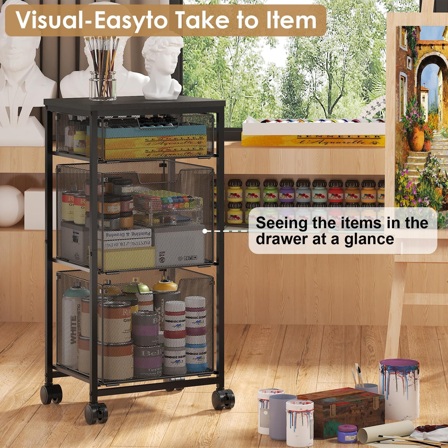 Sbanmao Rolling Storage Cart with 2L+1S Drawers, Metal Utility Cart on Wheels with Wooden Top, Craft Art Storage Organizer Cart for Classroom, Office, Home