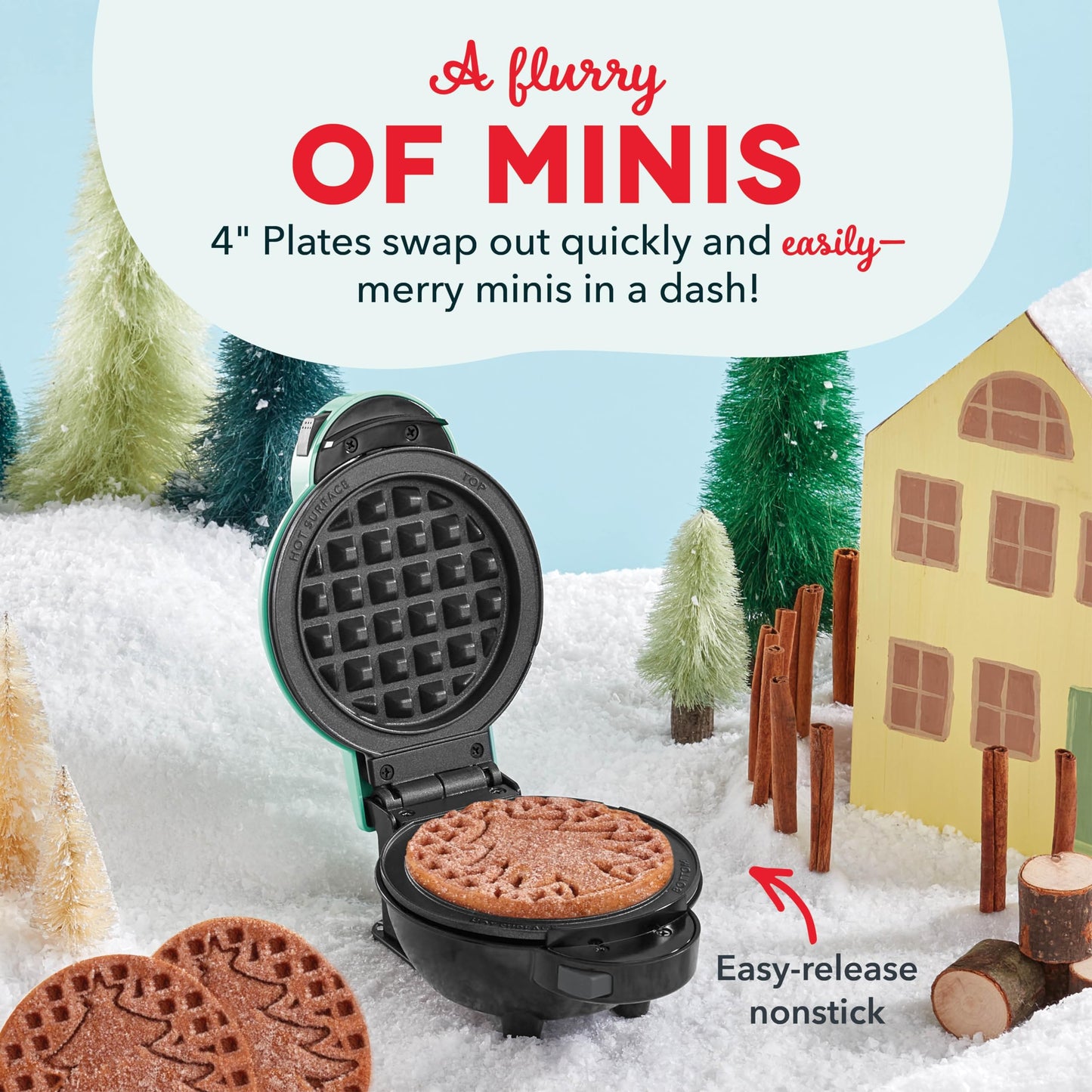 Dash MultiMaker® Mini System Removable Plate Set - Nonstick Replacement Plates for Christmas Waffle Breakfast - Waffle Maker Not Included - 4-Inch - Two-Pack - Snowman & Tree
