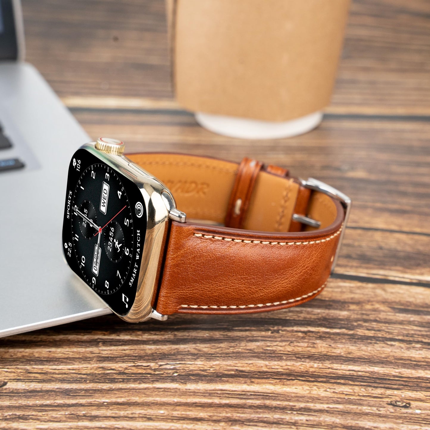 Gomvadr Leather Bands Compatible with Men's Apple Watch Band 49mm Ultra, Replacement Leather Strap for Mens iWatch Ultra 3/2/1 (Cognac/Silver, Ultra 2/1)