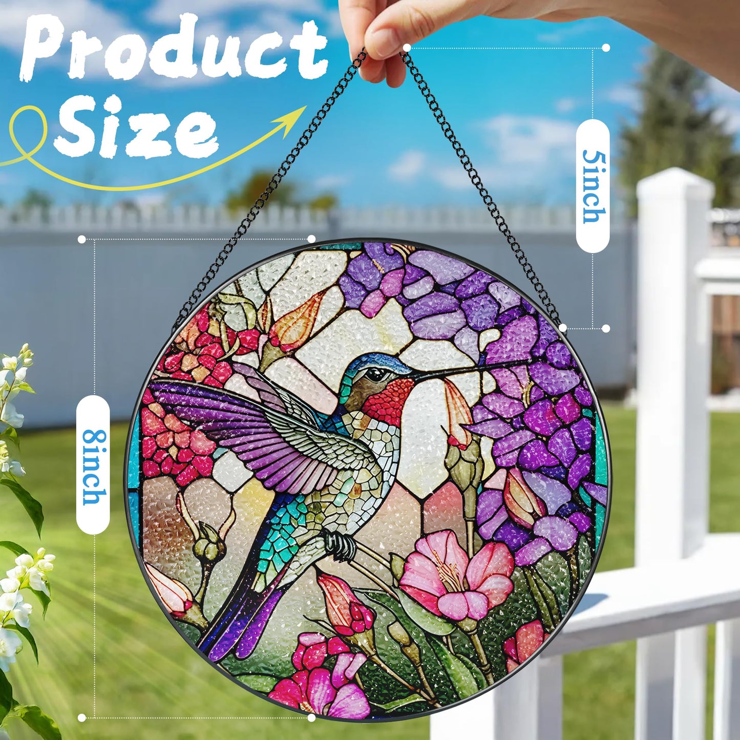 8 Inch Stained Glass Suncatcher Ornament, DOUHASU Hummingbird Sun Catchers Indoor Window, Stained Glass Window Hanging, Home Decor, Hummingbird Lovers Gifts for Women, Mom, Friend
