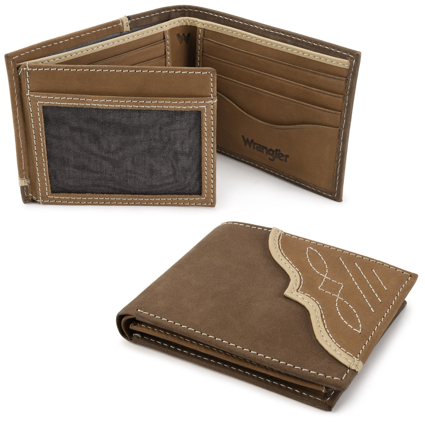 Wrangler Men's Bifold Wallet with Flip-Out ID Window, Genuine Leather, RFID Blocking, Gift for Him