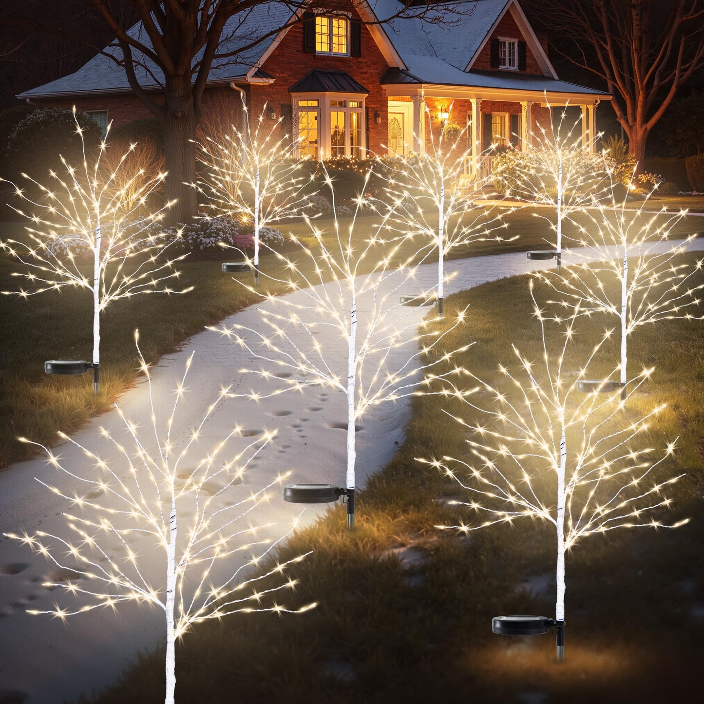 Luiywan Solar Outdoor Christmas Decorations, 35INCH Fairy Light Brich Tree, Solar Christmas Decor for Outside, Yard, Garden, Pathway, Wterproof LED Warm White Lights, 8 Modes, Auto On/Off, 4PCS