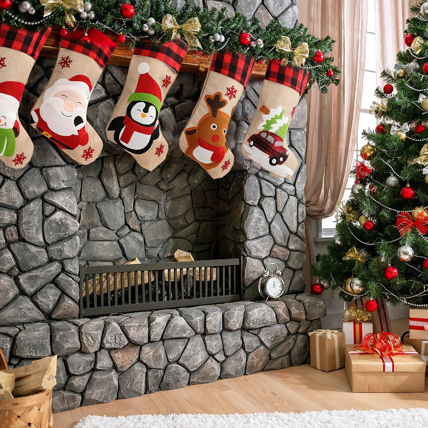 Christmas Stockings 5 Pack, 18'' Large Christmas Stockings with Santa Snowman Gnomes Pattern,Classic Buffalo Plaid Cuff,Xmas Ornaments for Family Stairs Fireplace Tree Hanging