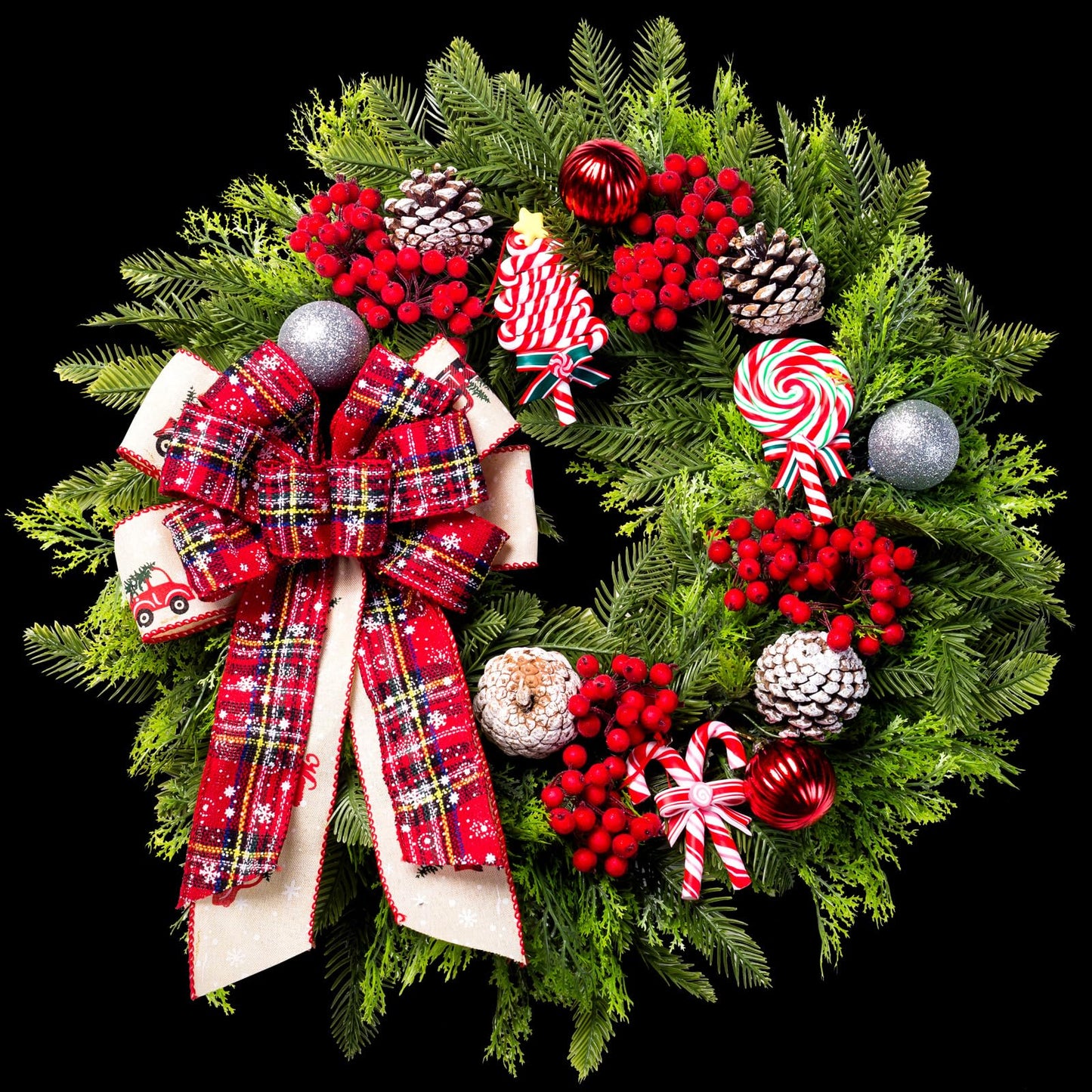 Christmas Wreaths for Front Door, 20 Inch Lighted Artificial Christmas Door Wreath with Candy Lollipops Ball Bow, Holiday Decorations for Home Decor