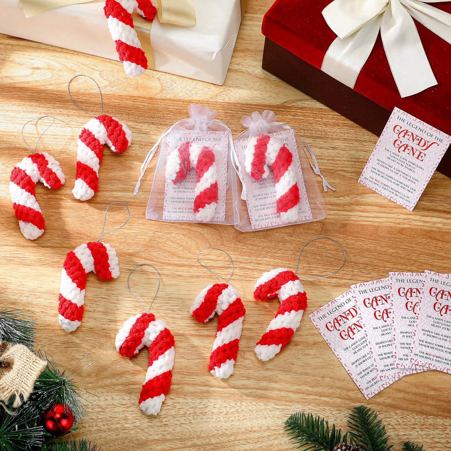 Hollowfly 24 Sets Christmas Crochet Candy Cane Ornaments Bulk Christmas Appreciation Gifts Handmade Crochet Doll Pendant with The Legend of The Candy Cane Cards for Coworker Employee Teacher Office