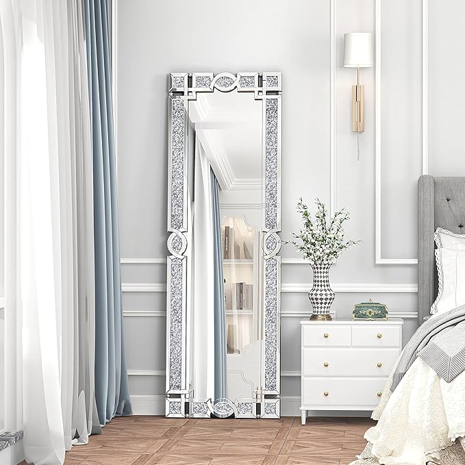 ENENE Crystal Mirrors Full 63"(H) Crushed Diamond Full Body Mirror Silver Long Floor Standing Mirror for Bedroom Living Room Bathroom Wall Mounted
