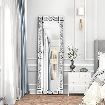 ENENE Crystal Mirrors Full 63"(H) Crushed Diamond Full Body Mirror Silver Long Floor Standing Mirror for Bedroom Living Room Bathroom Wall Mounted