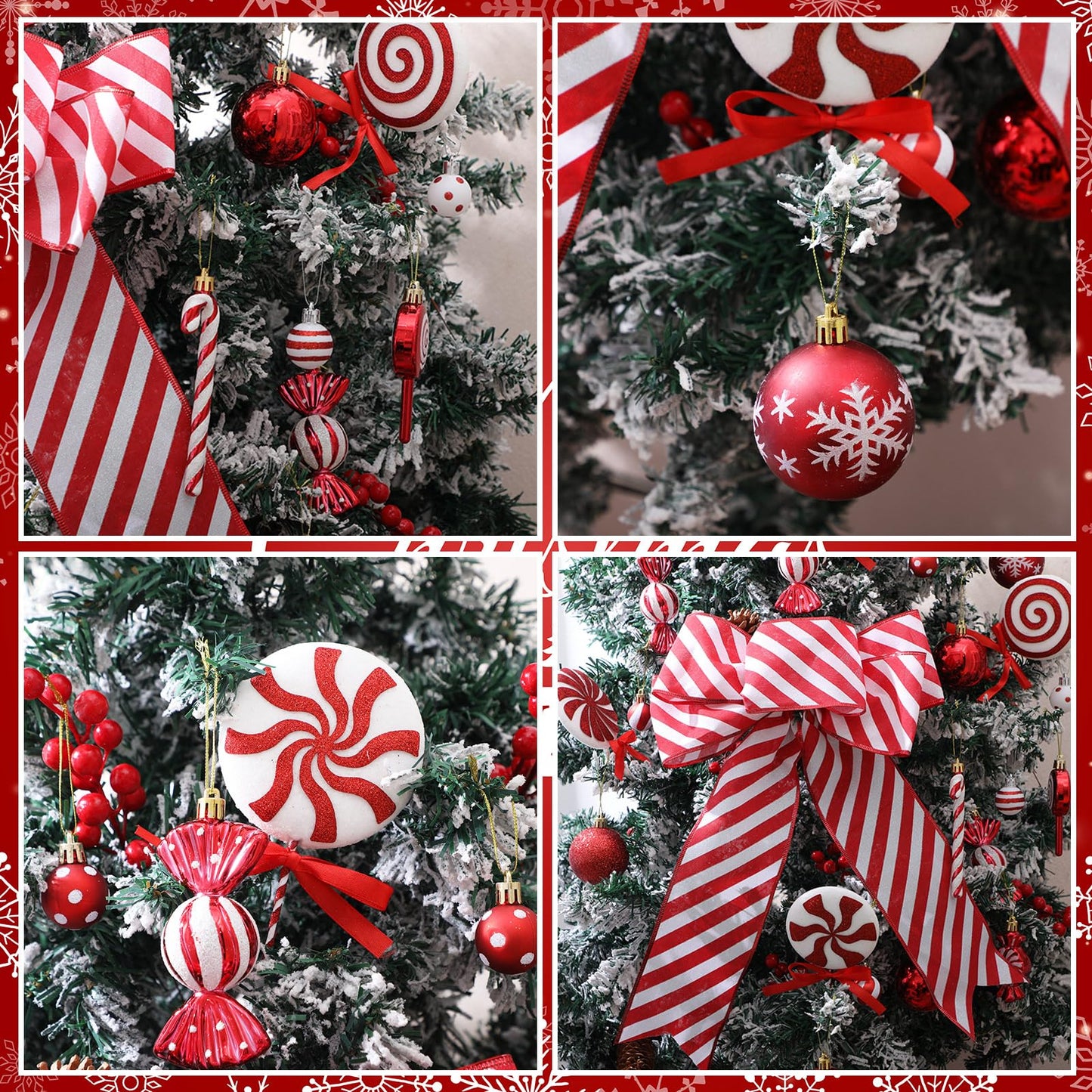 Soulchen 69 Pcs Candy Cane Christmas Tree Ornaments Set Red and White Christmas Decorations Lollipop Picks Shatterproof Hanging Xmas Balls Peppermint Striped Bow for Tree Party Holiday Decorations