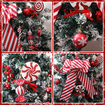 Soulchen 69 Pcs Candy Cane Christmas Tree Ornaments Set Red and White Christmas Decorations Lollipop Picks Shatterproof Hanging Xmas Balls Peppermint Striped Bow for Tree Party Holiday Decorations
