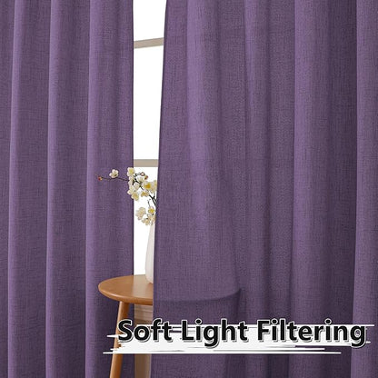 Tollpiz Short Linen Curtains Living Room Rod Pocket Semi Sheer Curtain Burlap Light Filtering Thick Linen Drapes for Bedroom, 54 x 54 inches Long, Royal Purple, Set of 2 Panels