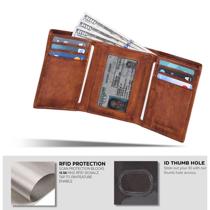 Tri fold Leather Wallet for Men with RFID | Slim Wallets for Men with 1 ID and 6 Credit card slots | Front Pocket Minimalist (Wash Tan)