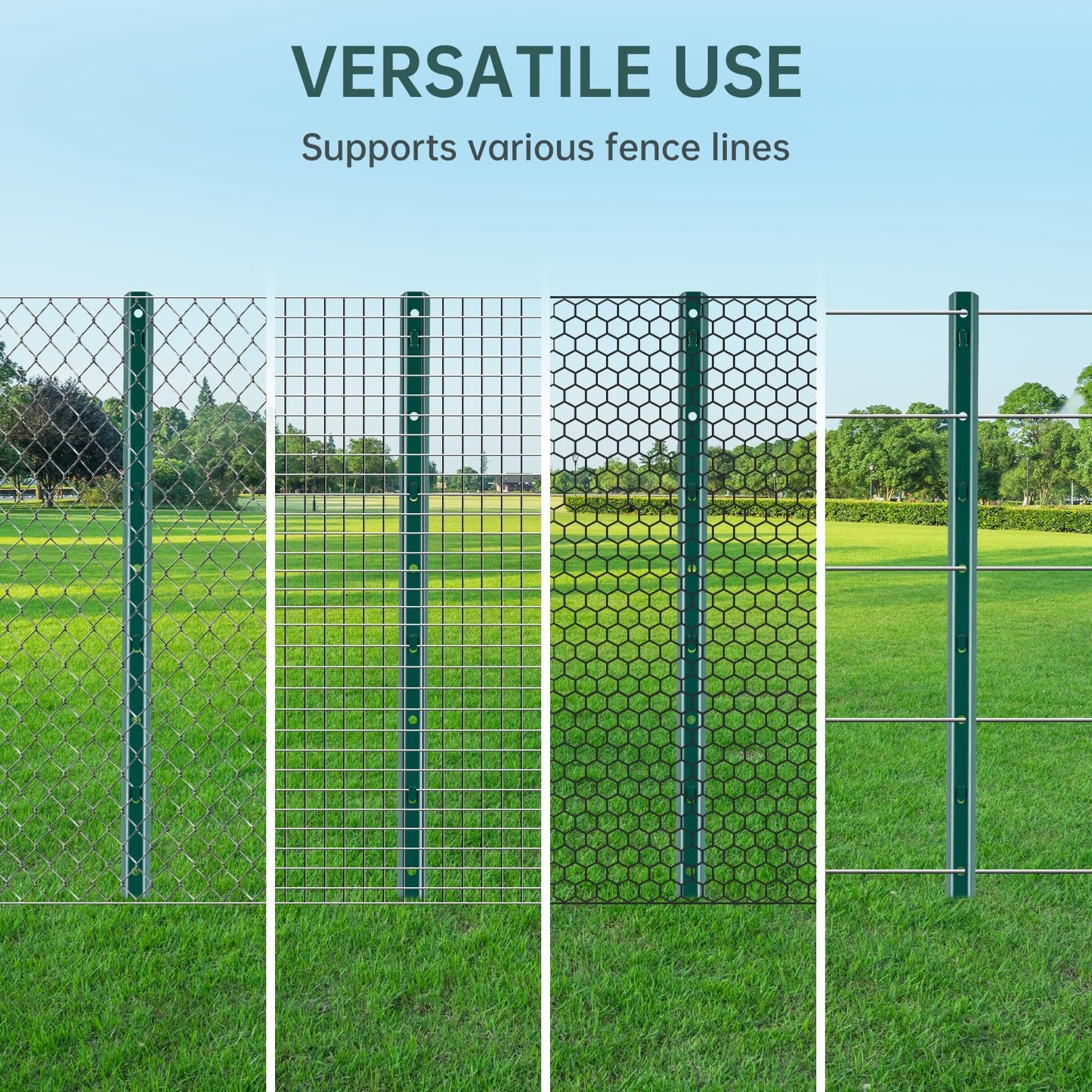 URBANVISTA 10 Pack Metal Fence Posts, 3 FT Heavy Duty U-Post, Green Garden Stakes, No-Dig Post Anchors for Wire Fences, Temporary Fencing, Electric Fence, and Corner Support