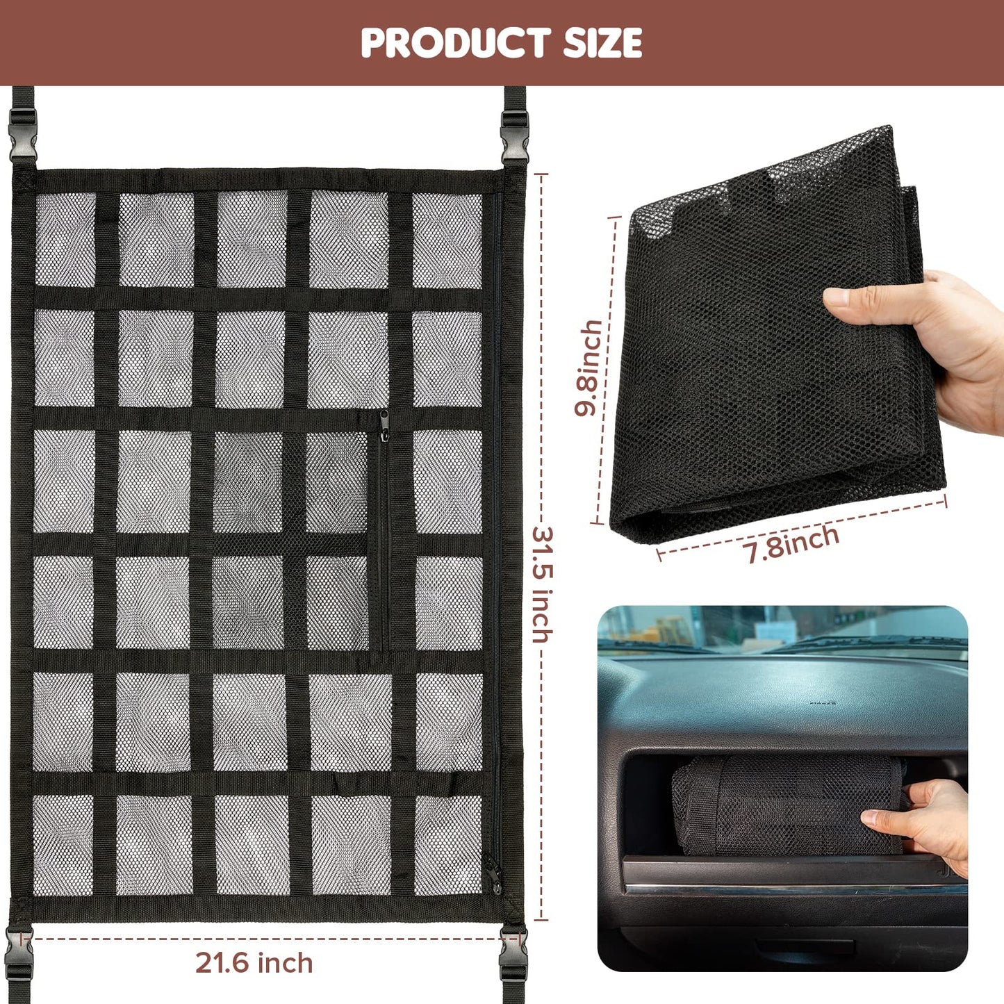 Upgrade Car Ceiling Cargo Net Pocket,31.5"x21.6" Strengthen Load-Bearing and Double-Layer Mesh Car Roof Storage Organizer,Truck SUV Van Travel Long Road Trip Camping Interior Accessories