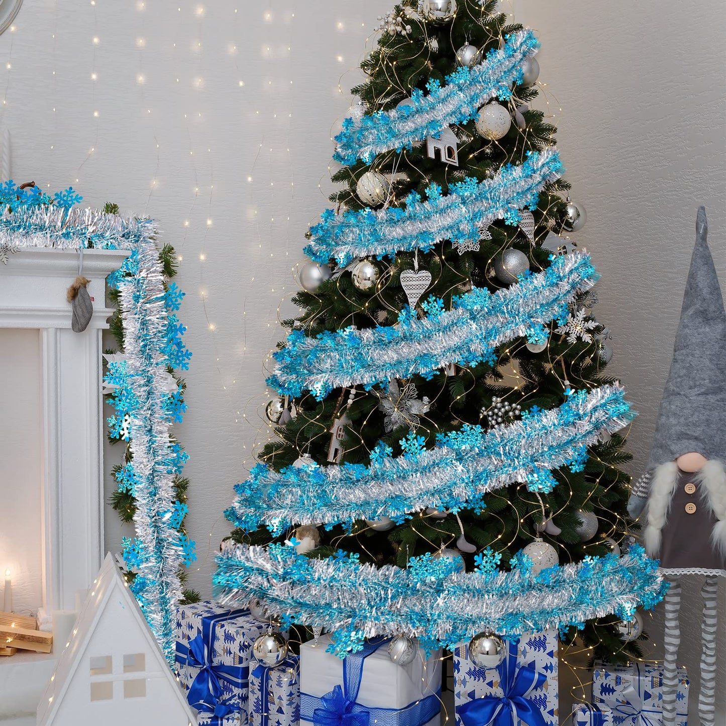 AnyDesign 32.8 Ft Christmas Tinsel Garland Blue Silver Metallic Twist with Snowflakes for Xmas Tree Classroom Office Party Decor DIY Craft