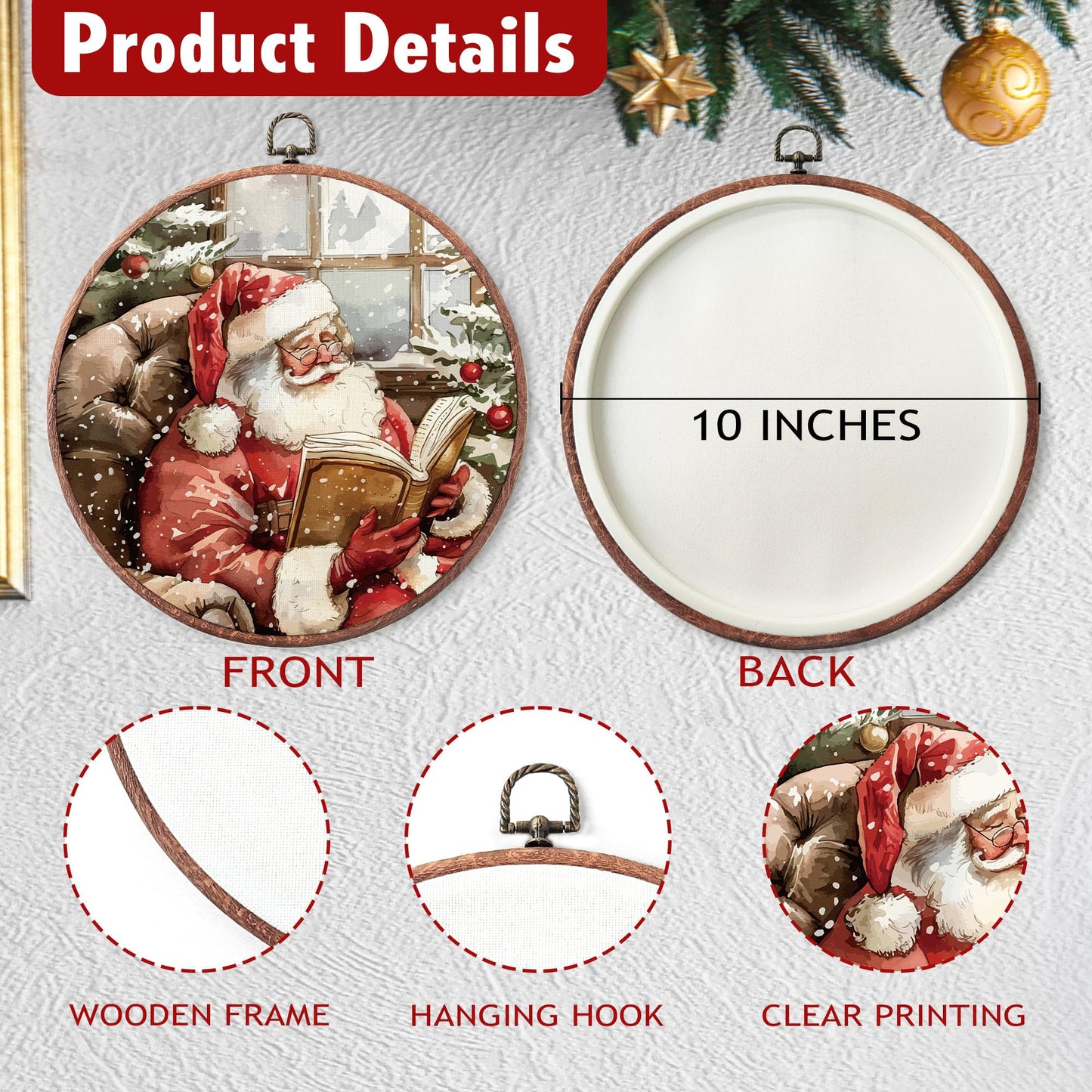 heiyihe Round Christmas Canvas Frame Wall Art Decor, 10x10 Inches Santa Reading Book Hanging Wall Artwork, Christmas Embroidery Kit Decor for Home Living Room, Xmas Gift Ideas for Family Friends-A05