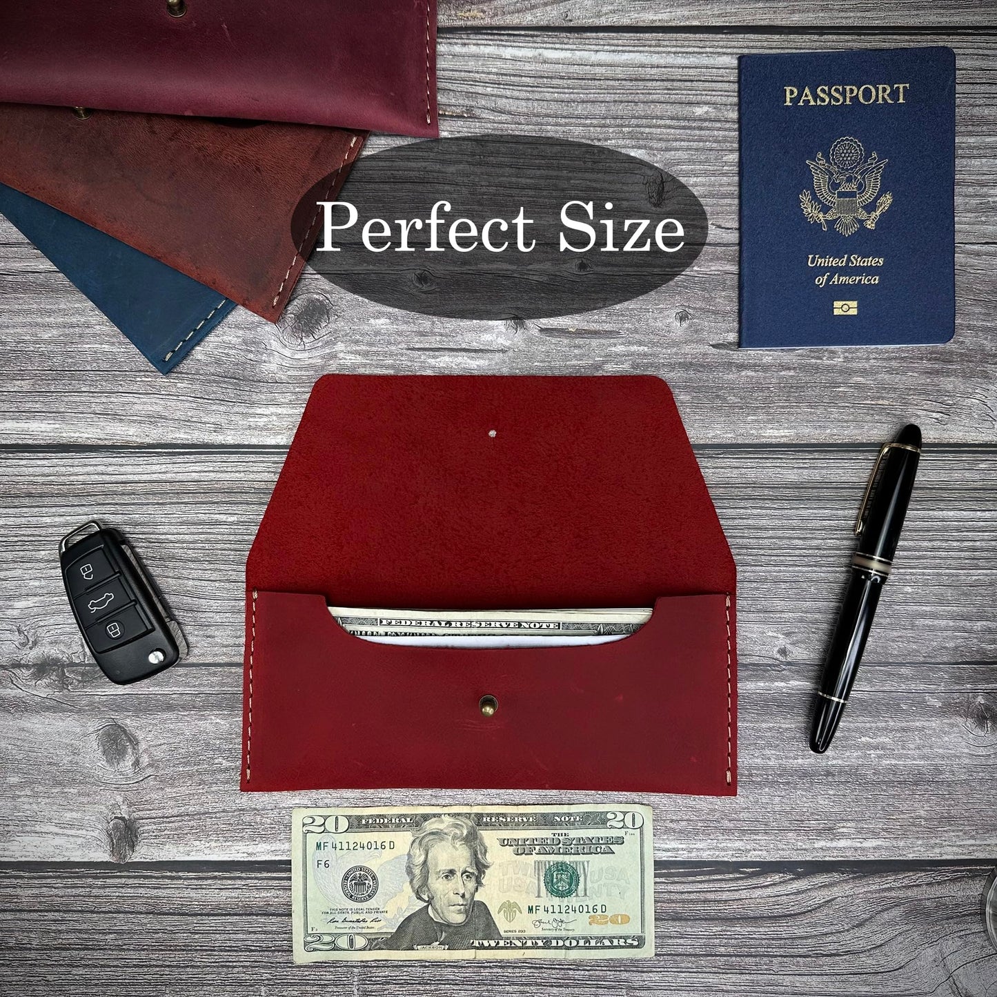 Thot Ra Leather Cash Envelope Wallet, Money Pouch Reusable Budget Envelope Wallet, Leather Cash Holder With One Slot Holder, Handmade, Full Grain Leather Vintage (Red)