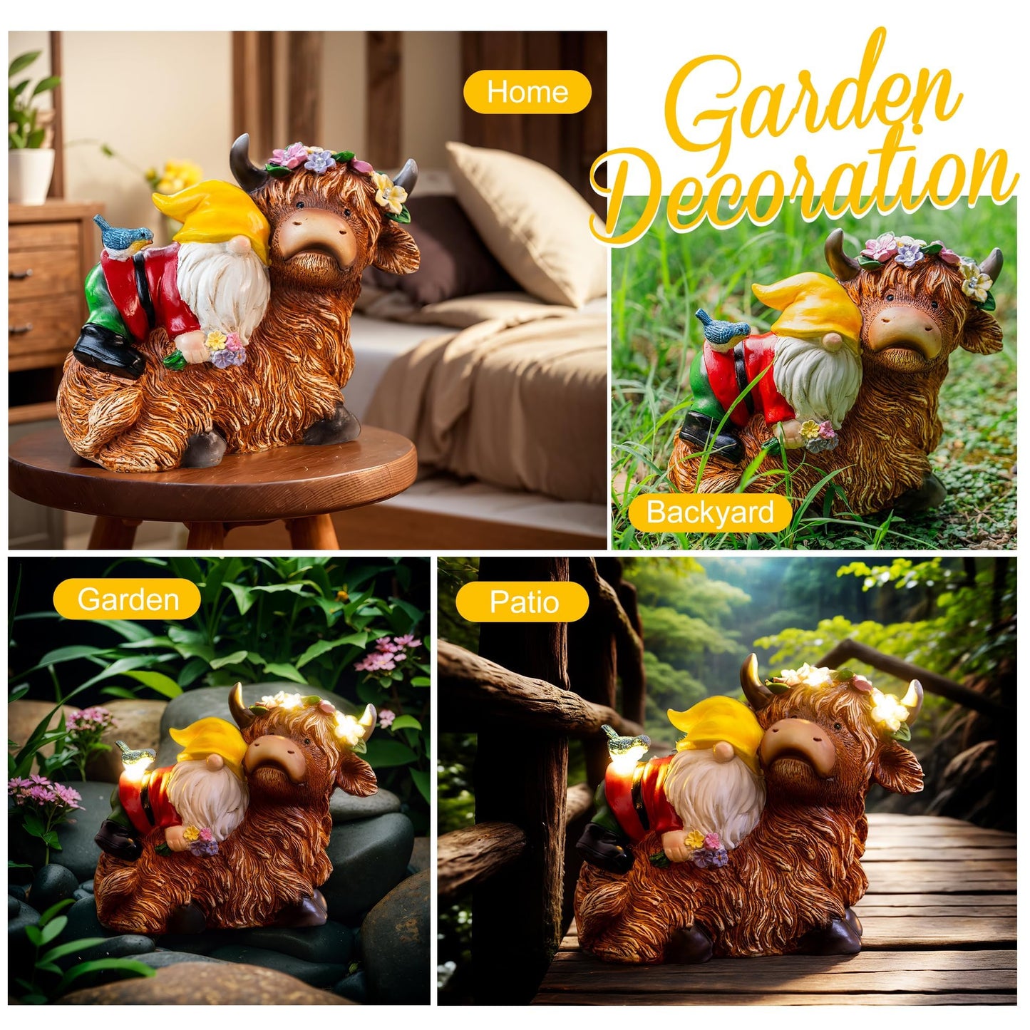 Pohabery Garden Gnome Statue - Highland Cow with Solar Flower LED Lights and Bird - Funny Outdoor Decor for Table, Patio, Lawn - Unique Birthday Gifts for Mom, Women, and Christmas Decorations