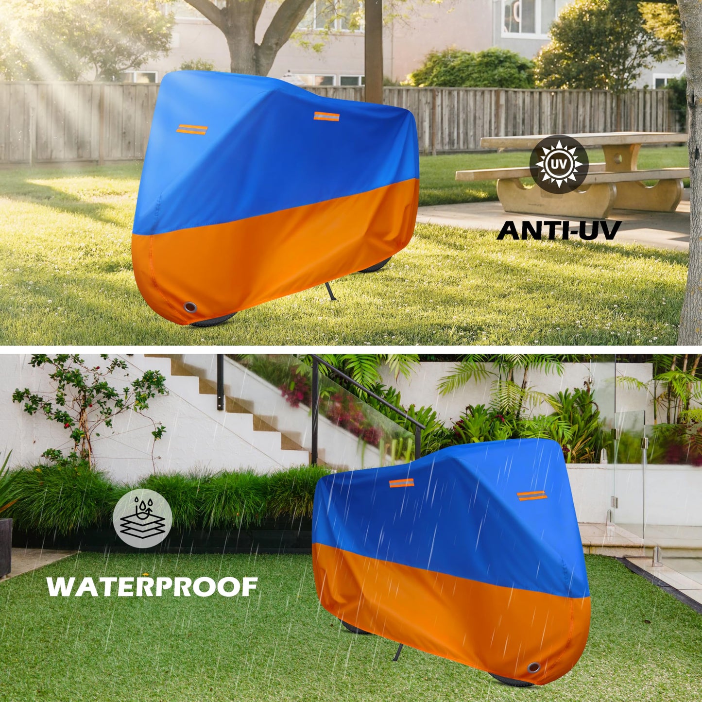 Jurmon Bike Cover Outdoor Waterproof Bicycle Covers Rain Sun UV Dust Wind Proof with Lock Hole for Ebike Electric Bike Mountain Road Bike (blue, XXL Size for 2 bike)