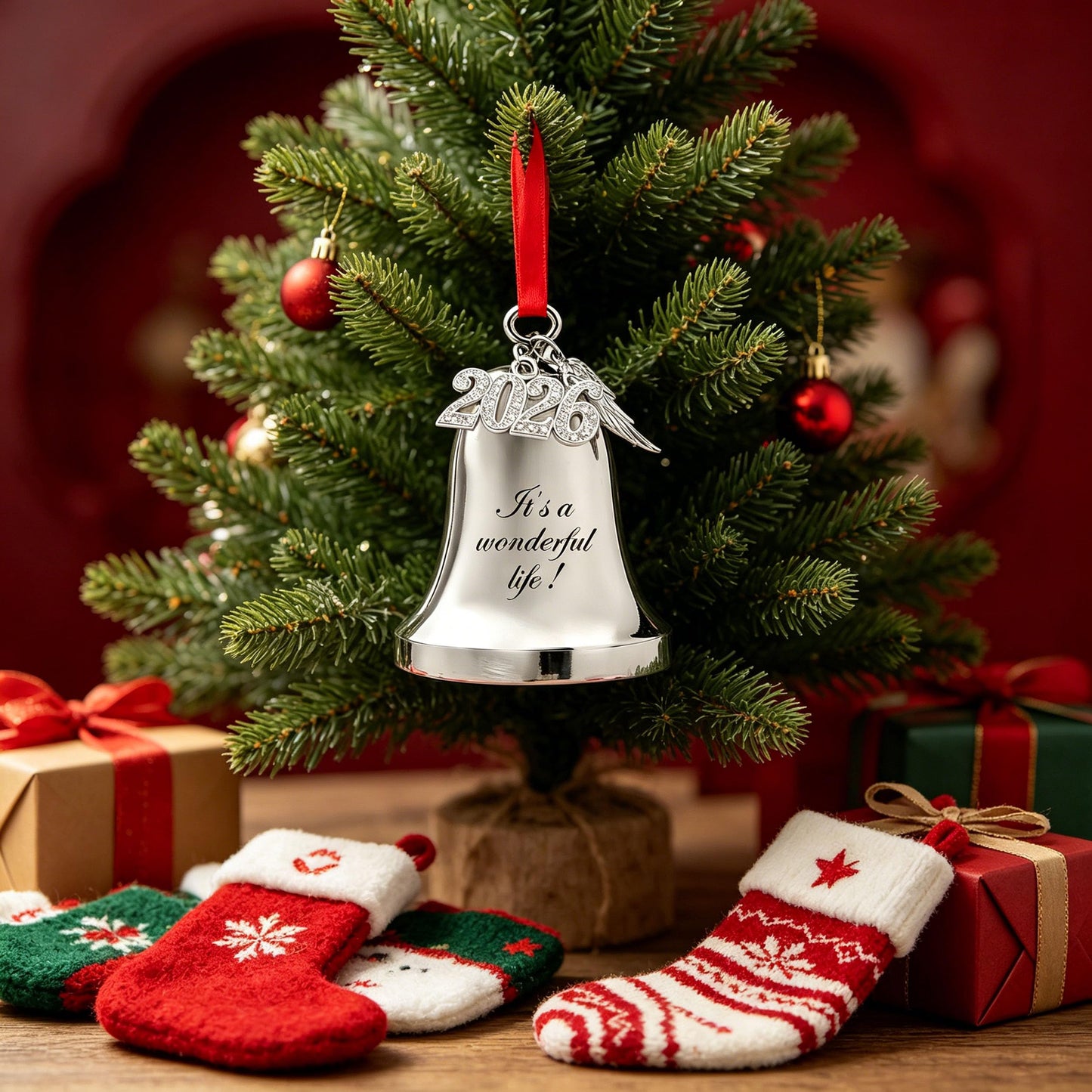WANSHUNLMI It's a Wonderful Life Christmas Bell Ornament, Silver Metal, 2.9 x 2.4 inch, Real Bell with 2026 and Wing Charm Accent (It's a Wonderful Life)