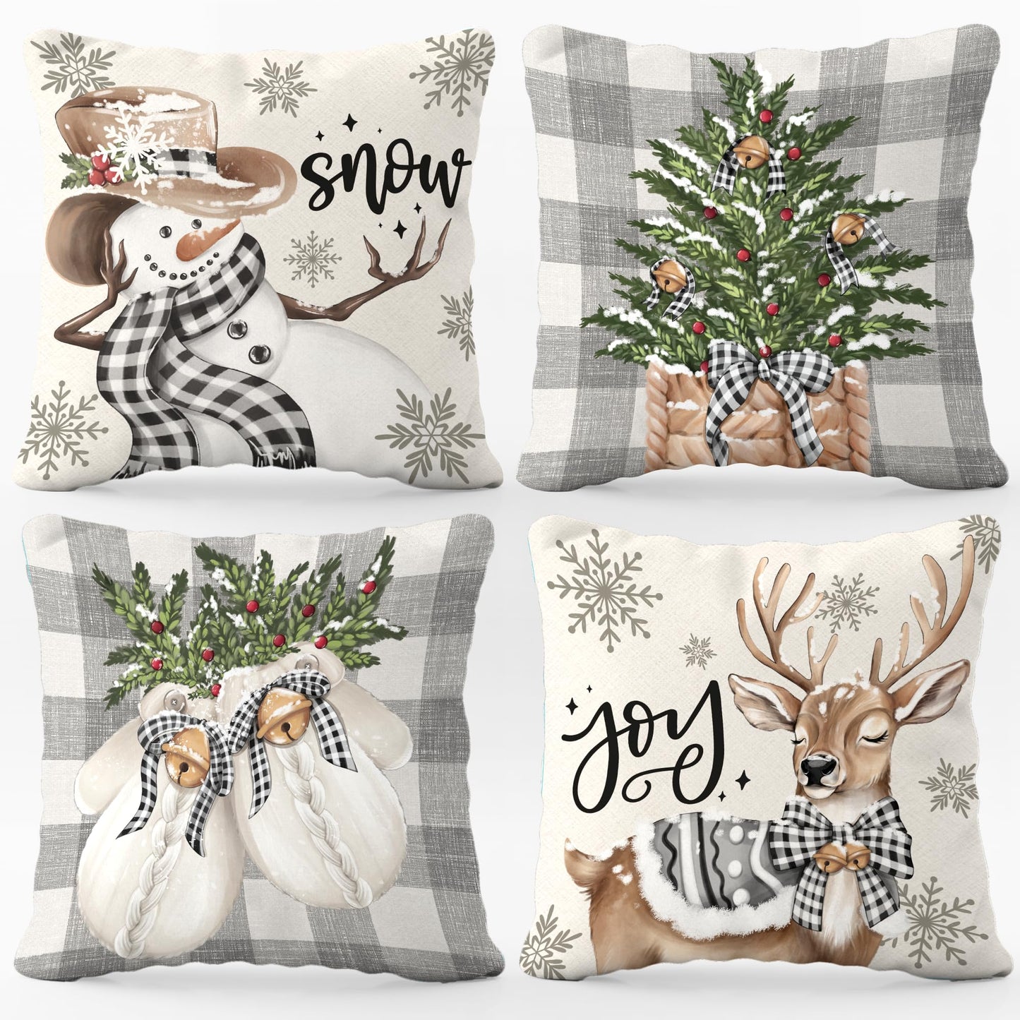 BoopZilla Set of 4 Christmas Pillow Covers, Winter Holiday Decorative Throw Pillow Covers, Cute Snowman-Reindeer-Mittens-Eucalyptus Design, Cozy Christmas Decor for Sofa Couch (18" x 18" (Pack of 4))