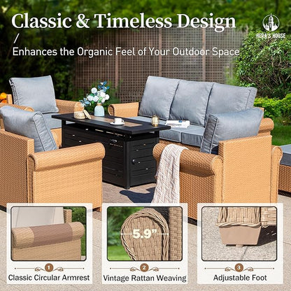 HERA'S HOUSE 6-Piece Patio Furniture Set, All Weather 7 Seats Outdoor Wicker Sofa with Ottomans, Rattan Patio Conversation Set with 5.5" Thick Cushions and 44" Coffee Table, Grey