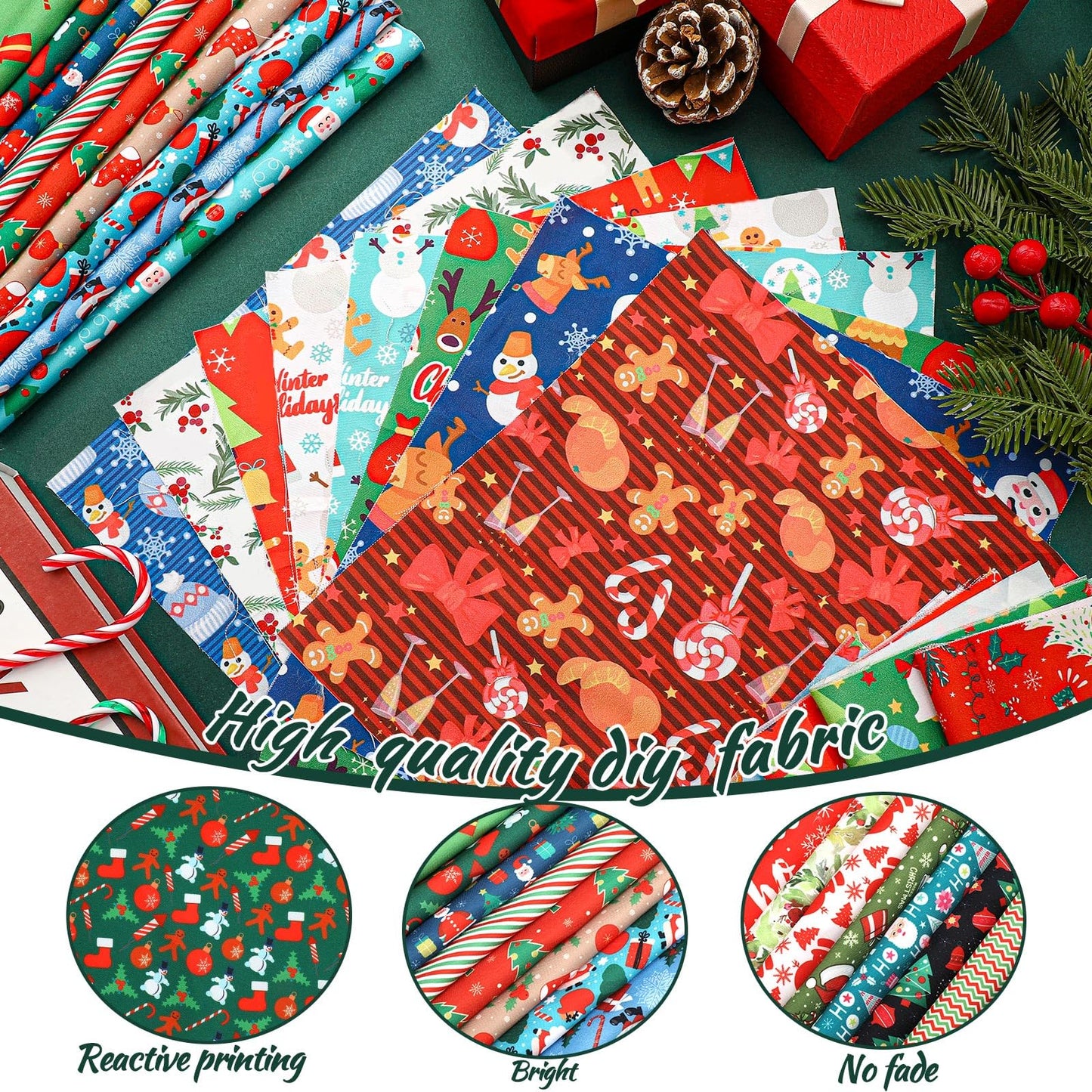 Tudomro 70 Pcs 10 x 10 Inch Christmas Quilting Fabric Squares Santa Gingerbread Man Fabric Bundles Snowman Candy Cane Printed Precut Patchwork Materials for Xmas Winter DIY Crafts Cloths Handmade