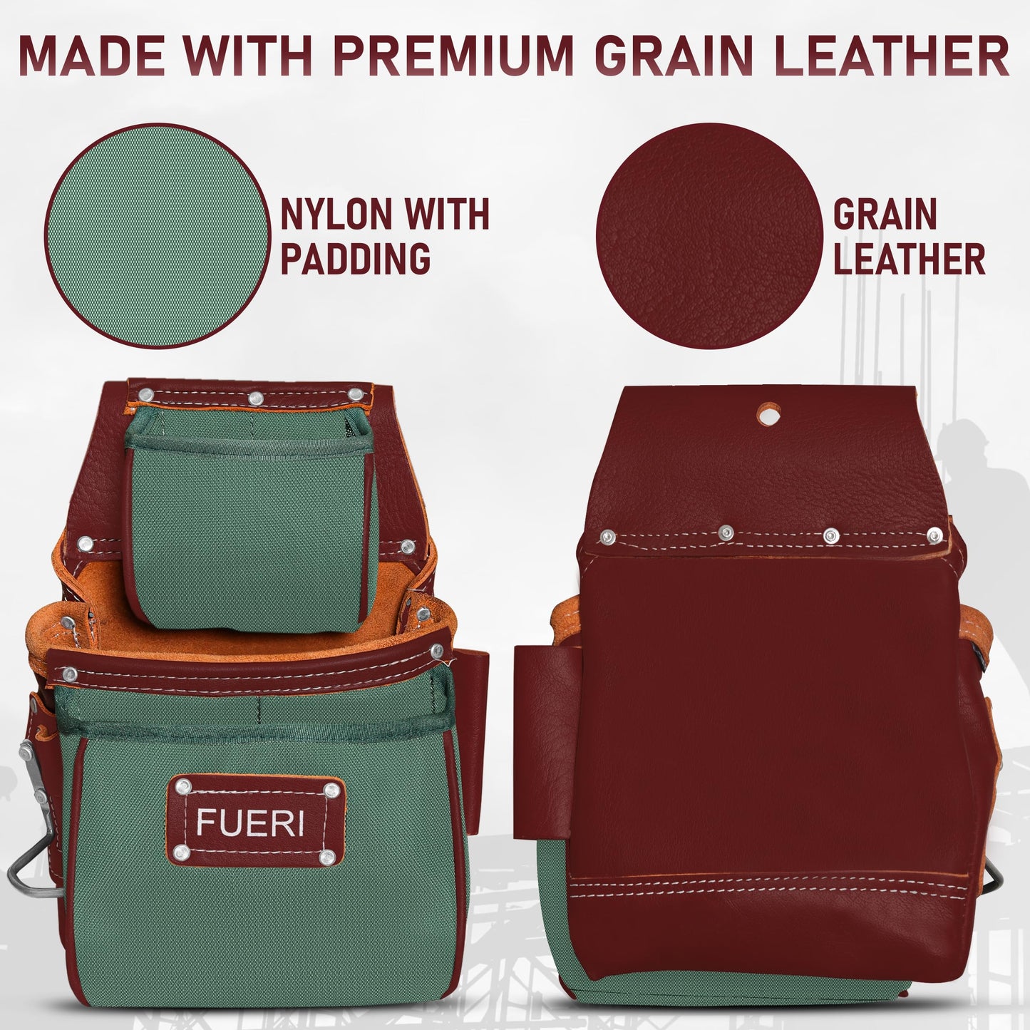 FUERI Electrician's Heavy Duty Tool Belt for Men, Made of Thick Leather and Durable Nylon, Comes with Adjustable Padded Tool Belt, Storage Capacity Tool Pouches, Hammer Holder, And Suspender Loops.
