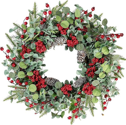 Sggvecsy 22 Inch Artificial Christmas Wreath for Front Door Xmas Red Berry Wreath with Pine Needles Pine Cones Eucalyptus Leaves Christmas Decorations for Winter Wall Outdoor Home Holiday Xmas Decor