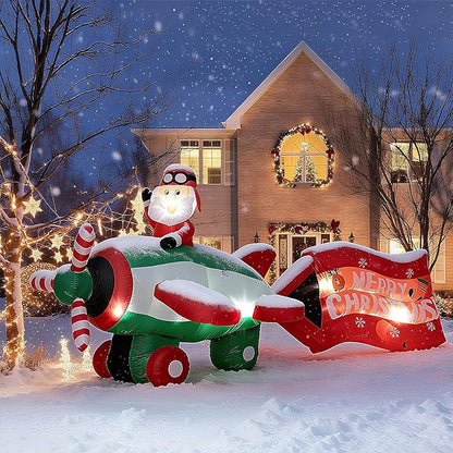 10.5FT Christmas Inflatables Santa on Airplane with Rotating Propeller & LED Lights, Blow Up Outdoor Indoor Decor for Christmas Yard Garden Party