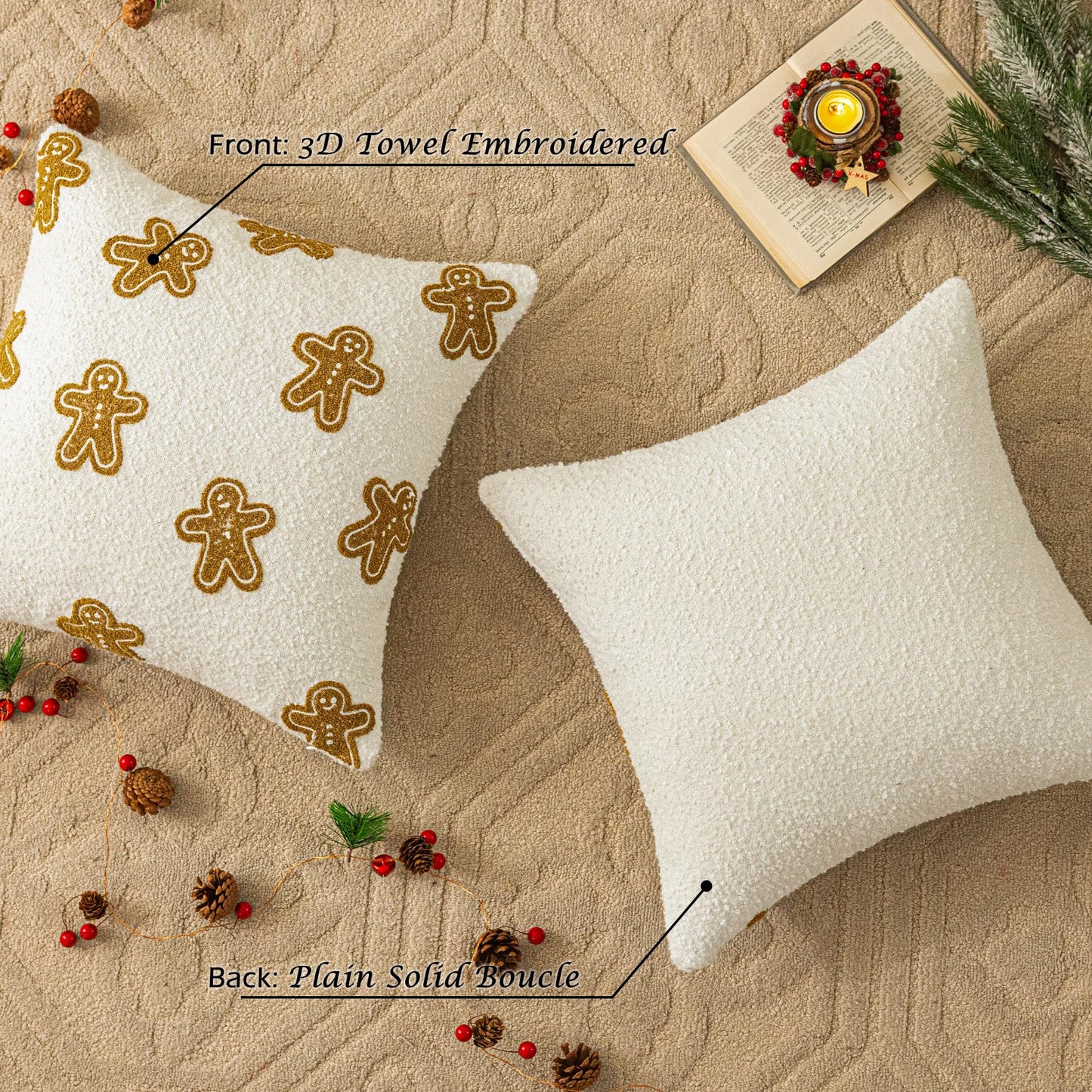 SINYASAN Christmas Pillow Cover 18x18 Inch 1 Pack White Boucle Gingerbread Shaped Cushion Cover, Fluffy Textured Decorative Throw Pillow Case for Couch Sofa Bed Living Room Porch Winter Home Décor