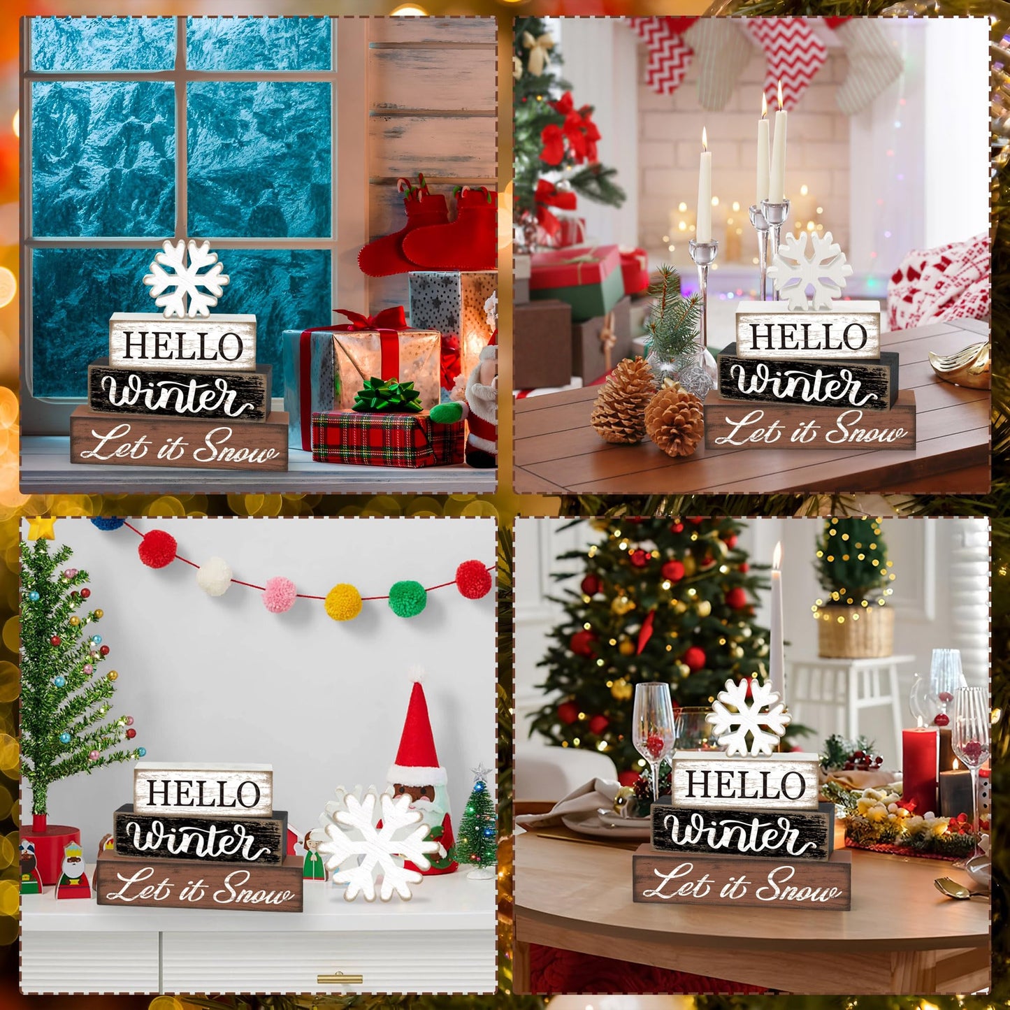 4 Pcs Winter Snowflake Wooden Table Block Sign Christmas Tiered Tray Decor Hello Winter Wood Tabletop Centerpiece Let it Snow Rustic Farmhouse Table Decorations for Xmas Holiday Home Shelf Party Decor