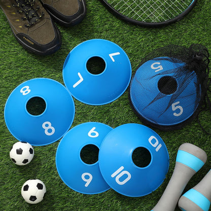 Relaxgiant 10 Pcs Numbered Sports Disc Cones 1-10 Soccer Cones with Mesh Carry Bag Flexible Agility Cones Soft Field Cones for Gym PE Classes School Activities Games, Sports Training Equipment (Blue)