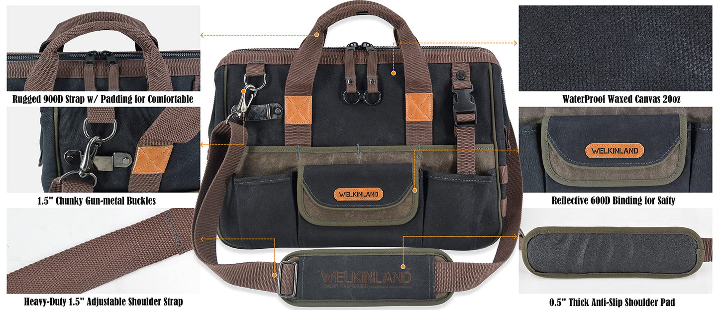 WELKINLAND 32-Pockets Waxed Canvas tool bag, Heavy-Duty Electrician tools bag, HVAC tool bags, Tool bag organizer, 16" Tools bag carrier for men, Tool bags for electricians