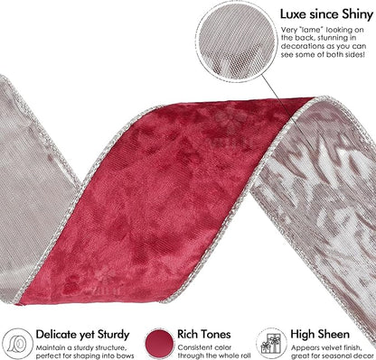 MEEDEE 2.5 inch Red and Silver Velvet Wired Ribbon 10 Yards Two Tone Velvet Christmas Ribbon for Christmas Tree, Garlands, Gift Wrapping, Wreaths, Bow Supply, Holiday Home Decor