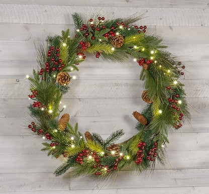 Red Co. 30” Light-Up Christmas Wreath with Pinecones & Evergreens, Battery-Operated LED Lights with Timer